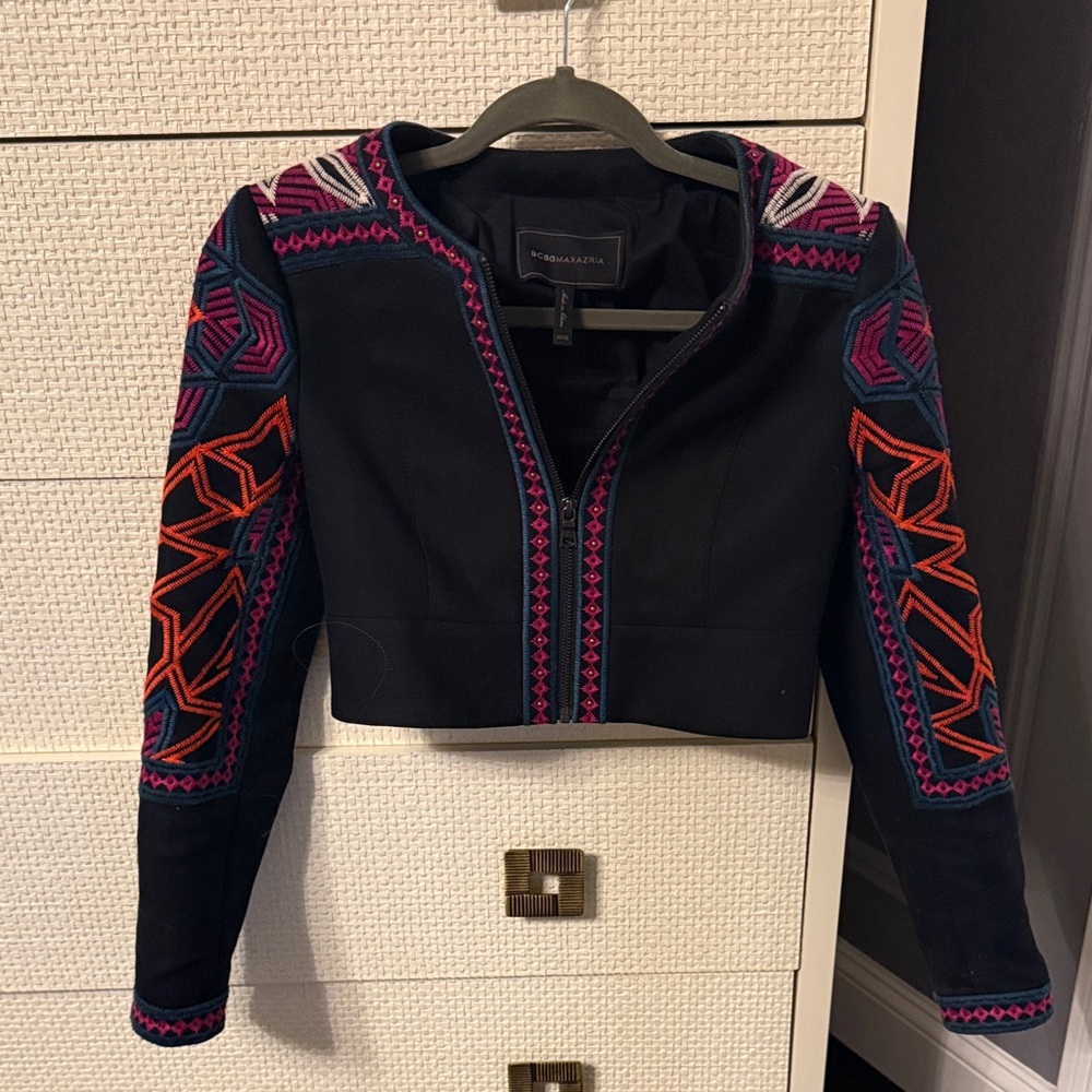 BCBGMaxAzria Black Cropped Jacket with Pink & Orange Embroidered Sleeves